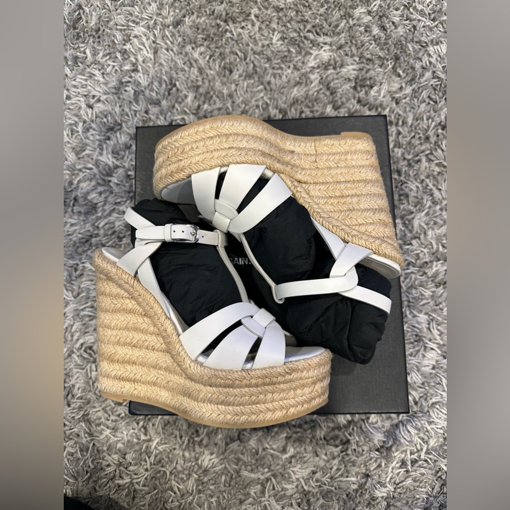SAINT LAURENT Tribute woven leather espadrille wedge sandals - size 35.5